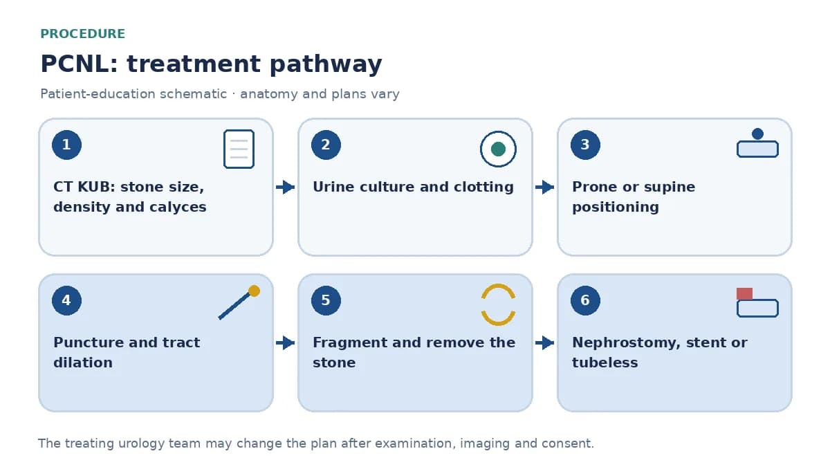 Step-by-step PCNL pathway infographic showing CT stone assessment, urine culture, percutaneous puncture and tract dilation, laser or ultrasonic fragmentation, fragment removal and nephrostomy or stent placement