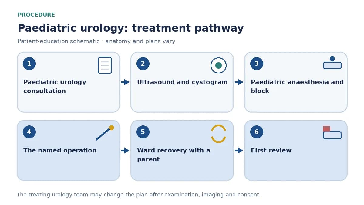 Step-by-step paediatric urological surgery pathway infographic showing paediatric urology consultation, ultrasound and cystogram, paediatric anaesthesia, the named operation such as reflux injection or orchidopexy, and ward recovery with a parent