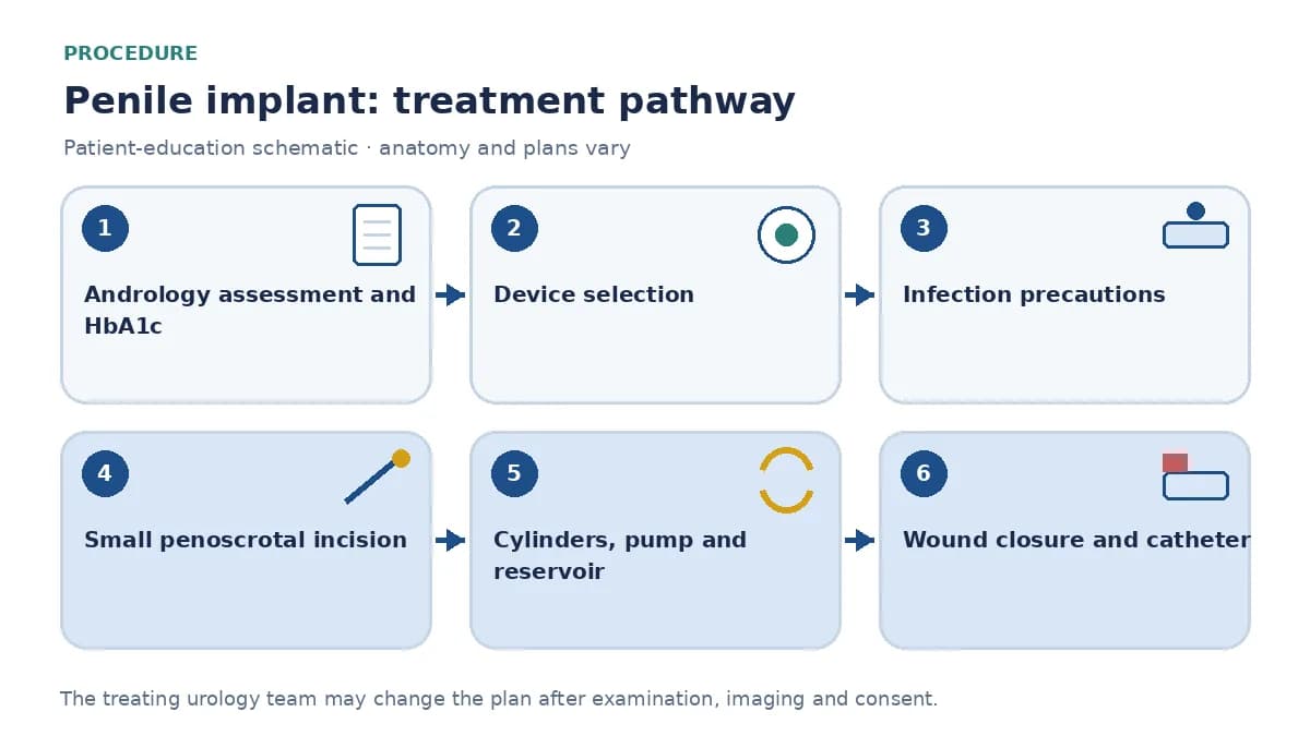 Step-by-step penile implant pathway infographic showing andrology assessment and glucose check, device selection, infection precautions, small penoscrotal incision, cylinder placement and pump and reservoir positioning, and wound closure