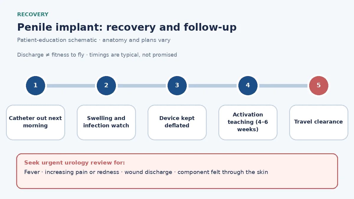 Penile implant recovery pathway infographic showing overnight catheter removal, swelling and infection monitoring, device kept deflated for several weeks, activation teaching at review and travel clearance