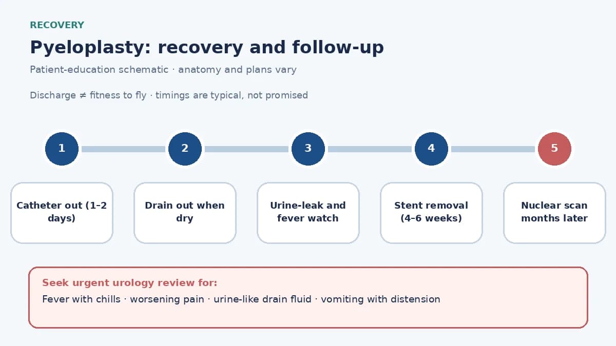 Pyeloplasty recovery pathway infographic showing catheter and drain removal, urine-leak and fever monitoring, stent removal at four to six weeks and a follow-up nuclear scan
