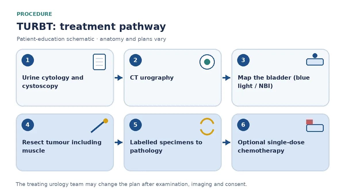 Step-by-step TURBT pathway infographic showing urine cytology and cystoscopy, CT urography, bladder mapping with enhanced imaging, resection including muscle, labelled specimens to histopathology and optional single-dose intravesical chemotherapy
