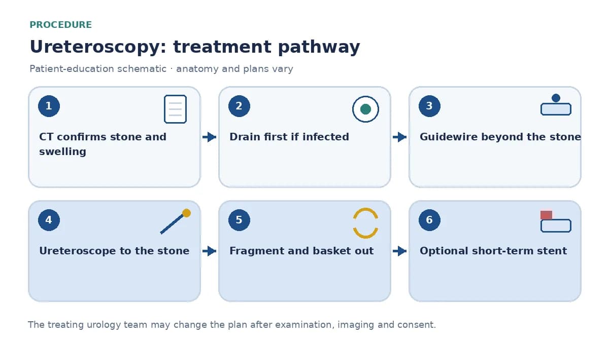 Step-by-step ureteroscopy pathway infographic showing CT confirmation, urine culture, guidewire placement, ureteroscope advancement, laser or pneumatic fragmentation, basket removal and optional stent