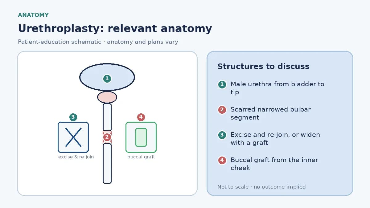 Medical infographic of urethroplasty anatomy showing the male urethra from bladder to tip with a scarred narrowed bulbar segment, and the repair options of excising the segment or widening it with a buccal mucosal graft