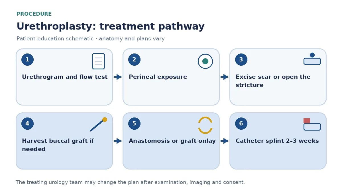 Step-by-step urethroplasty pathway infographic showing retrograde urethrogram and flow test, perineal exposure of the urethra, excision or graft placement, buccal graft harvest and catheter splinting