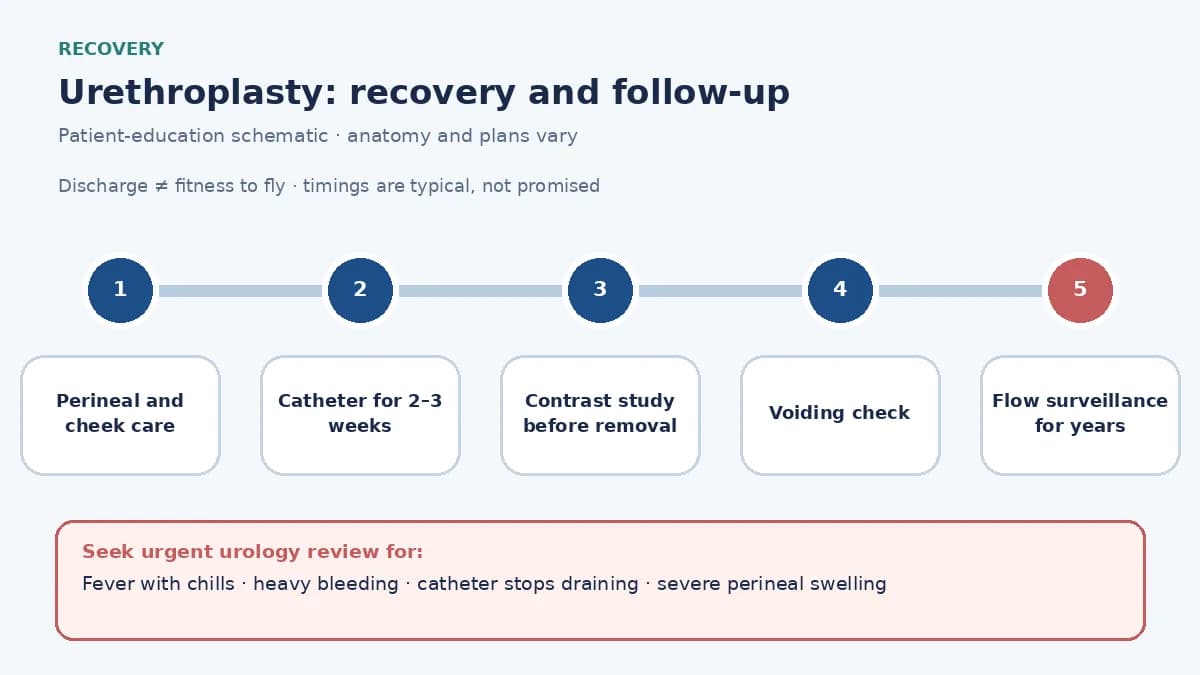 Urethroplasty recovery pathway infographic showing perineal and cheek care, catheter for two to three weeks, contrast study before removal, voiding check and long-term flow surveillance