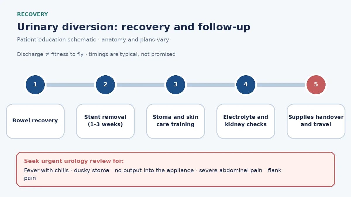 Urinary diversion recovery pathway infographic showing bowel recovery, stent removal, stoma and skin care training, electrolyte and kidney-function checks, supplies handover and travel clearance