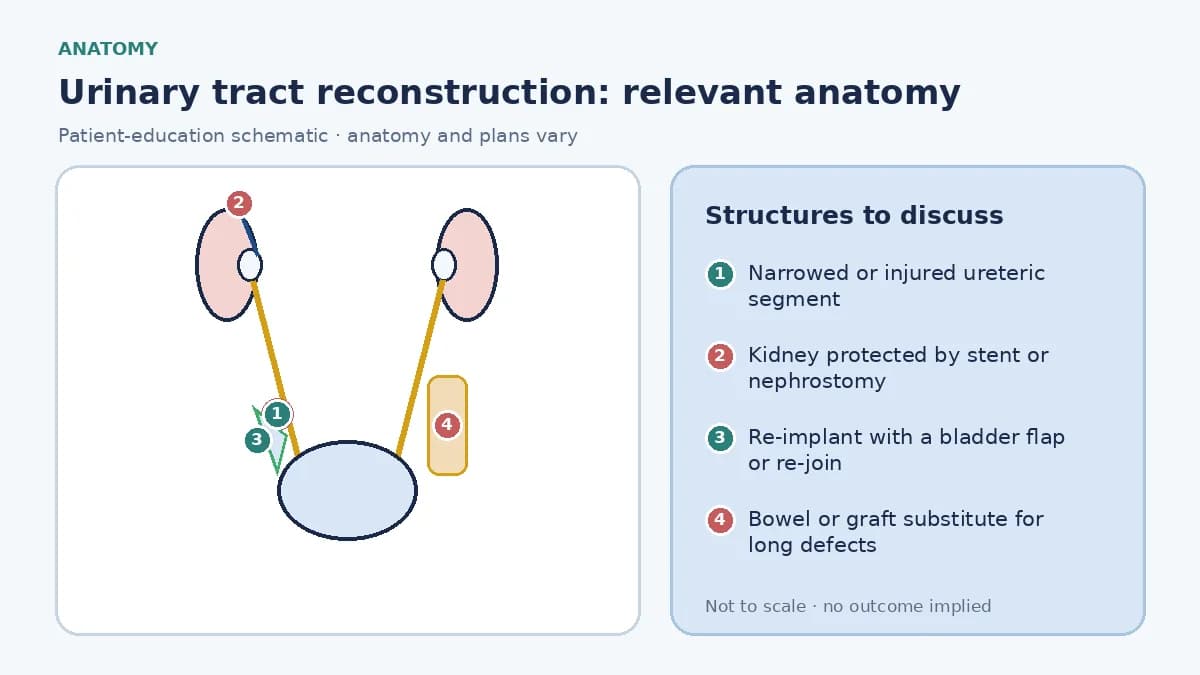 Medical infographic of urinary tract reconstruction anatomy showing both kidneys, ureters and bladder with a narrowed lower ureteric segment and the repair options of re-implantation with a bladder flap, end-to-end repair and a bowel substitute