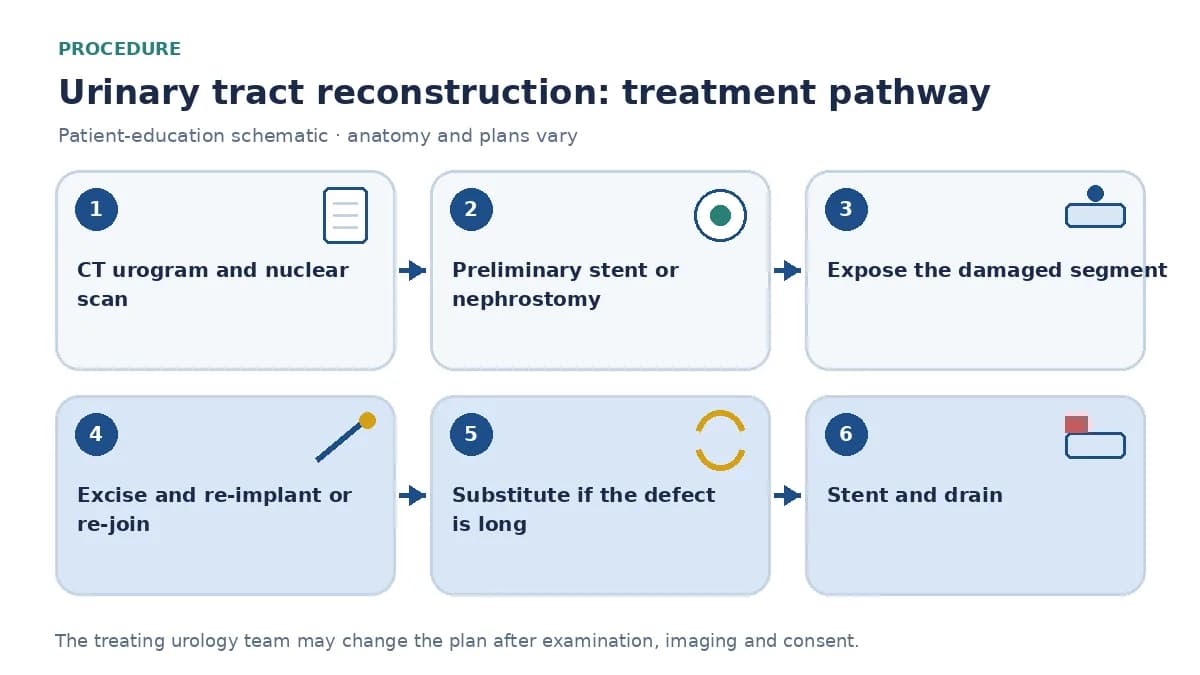 Step-by-step urinary tract reconstruction pathway infographic showing CT urogram and nuclear scan, preliminary stent or nephrostomy, exposure of the damaged segment, excision and re-implantation or substitution over a stent, and drain placement