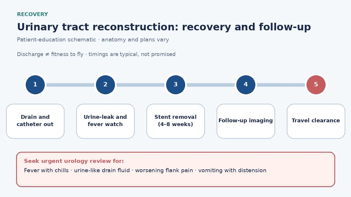 Urinary tract reconstruction recovery pathway infographic showing drain and catheter removal, urine-leak and fever monitoring, stent removal at four to eight weeks, follow-up imaging and travel clearance
