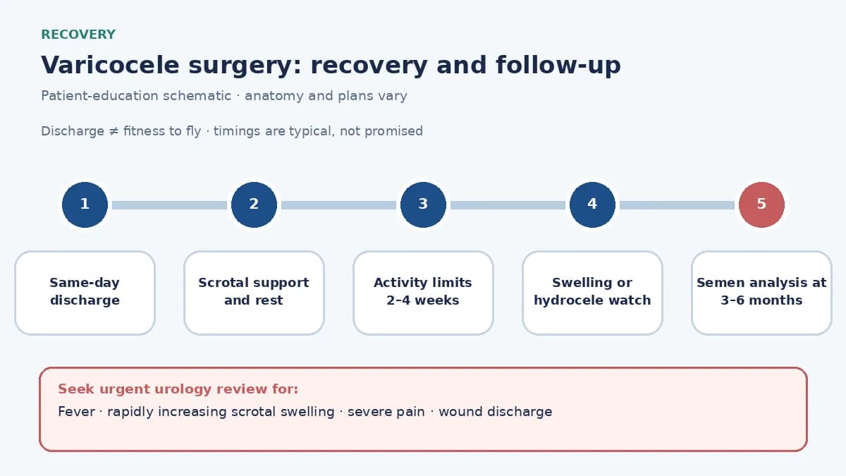 Varicocele surgery recovery pathway infographic showing same-day discharge with scrotal support, activity restrictions for two to four weeks, hydrocele and swelling warning signs, and semen analysis or testicular volume follow-up at three to six months
