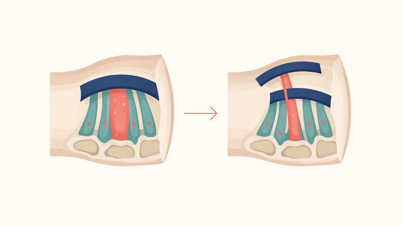Illustration of a compressed median nerve at the wrist and conceptual ligament release