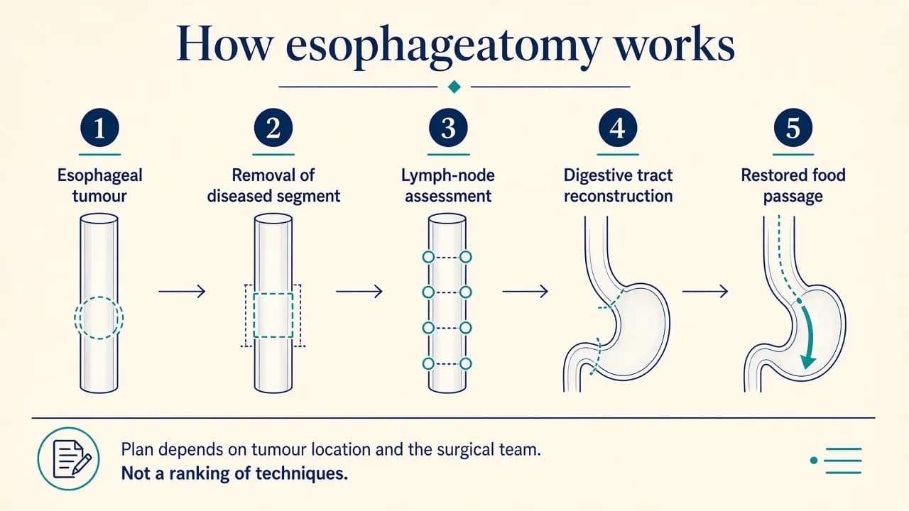 Illustration showing the main steps of esophagectomy from tumour removal to digestive tract reconstruction