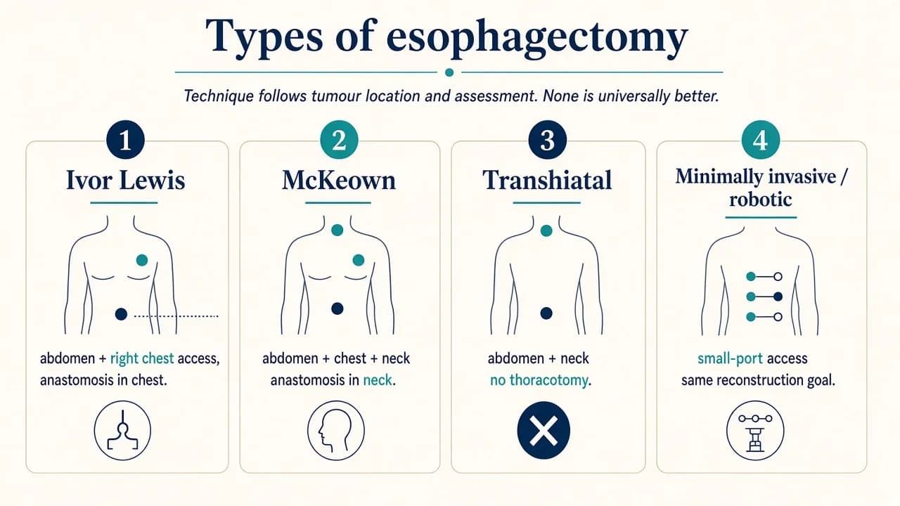 Illustration comparing major esophagectomy approaches including Ivor Lewis, McKeown and transhiatal surgery