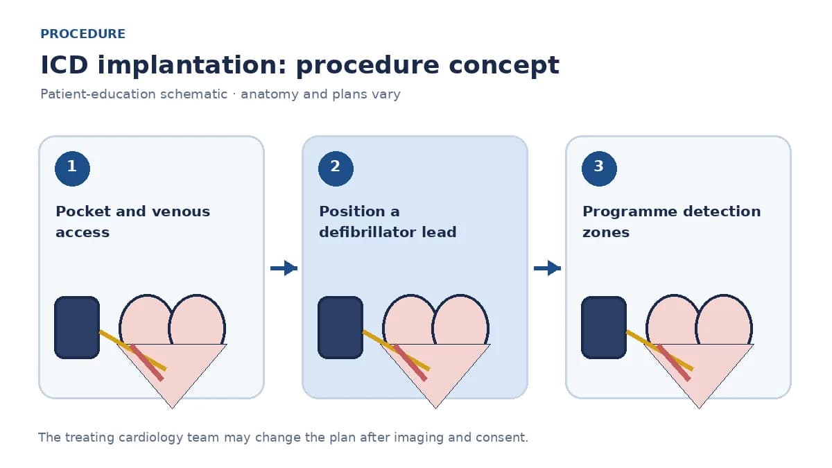Clinical diagram of an ICD generator with a defibrillator lead in the right ventricle