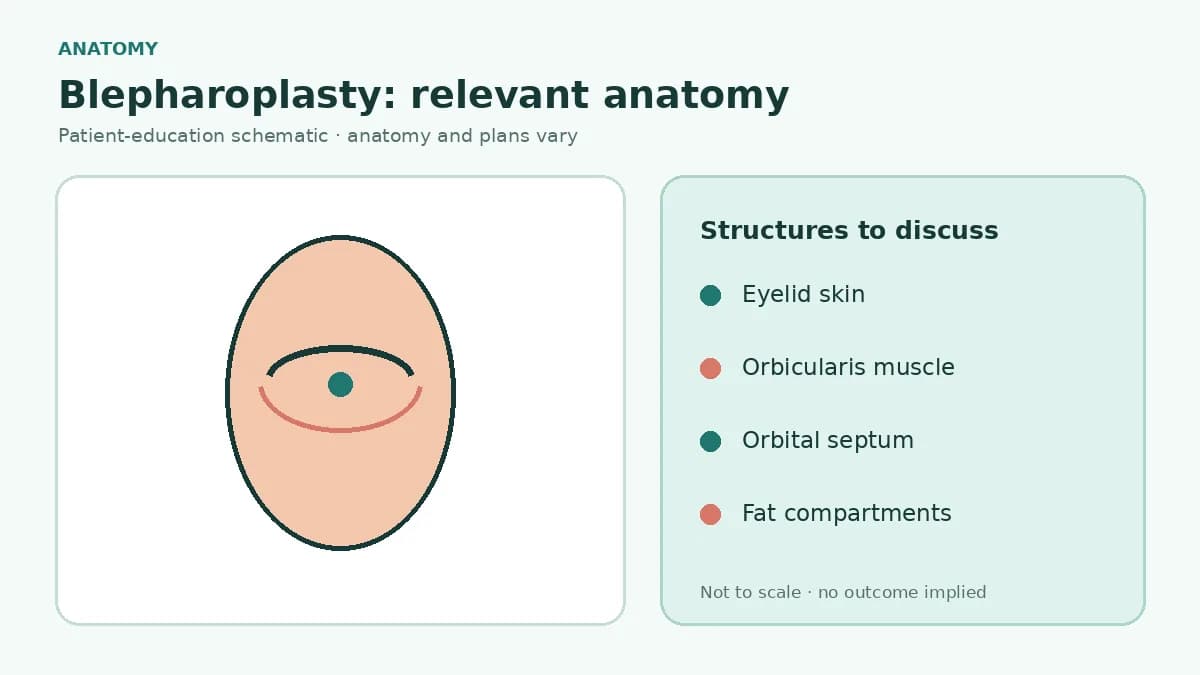 Medical illustration showing upper and lower eyelid skin, orbicularis muscle, orbital septum, fat compartments and globe