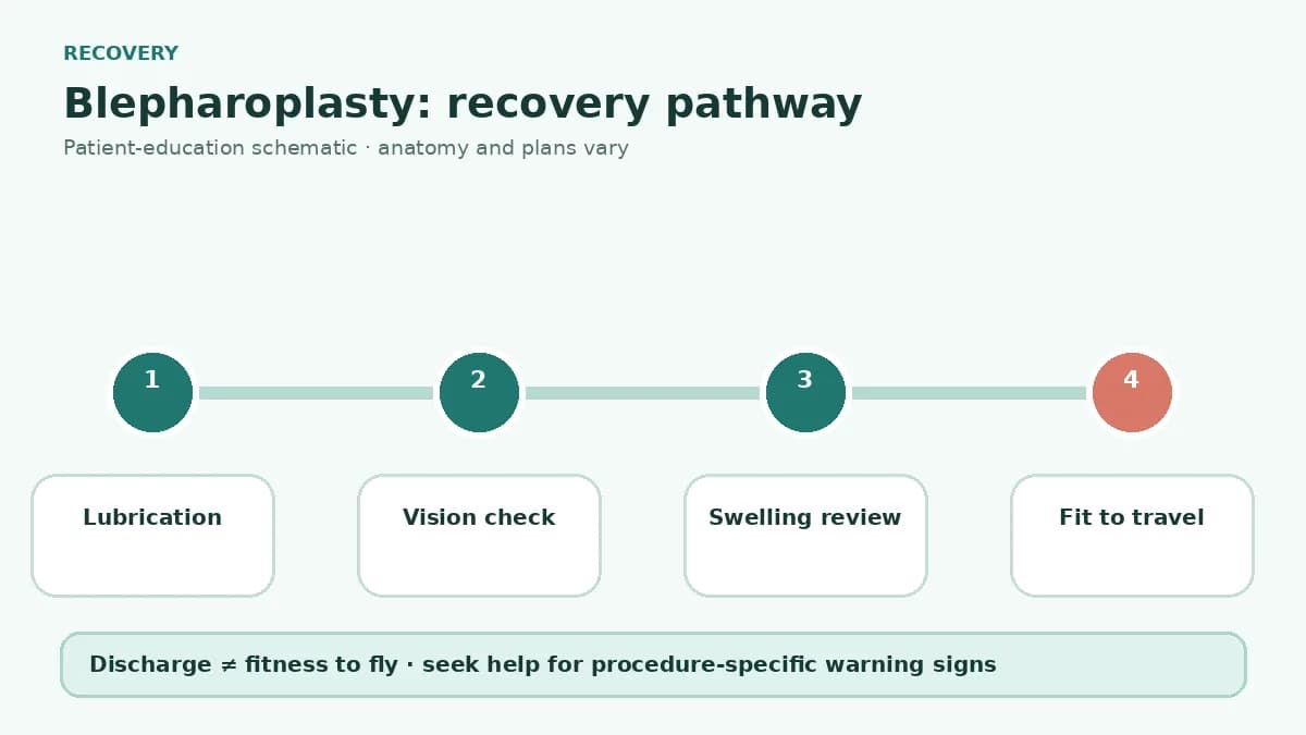 Blepharoplasty recovery pathway showing cold-compress guidance, eye lubrication, vision checks, swelling review and travel clearance