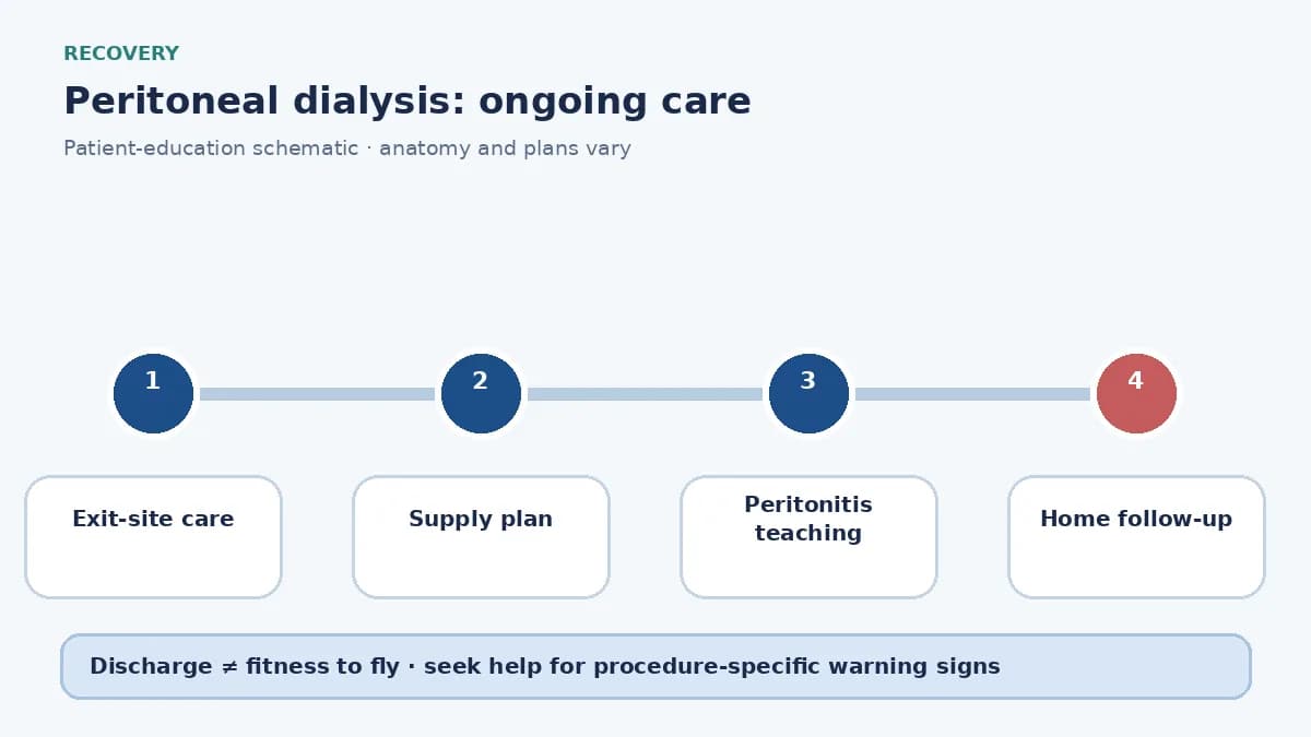 Peritoneal-dialysis home-care pathway showing exit-site care, supply planning and peritonitis warning signs
