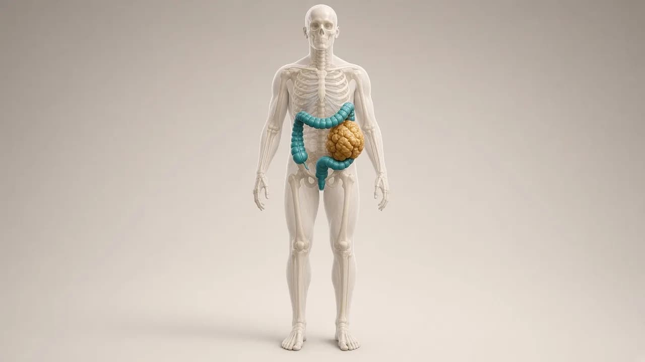 Transparent adult body with a teal colon and a gold tumour used to explain MSI-H/dMMR colon cancer immunotherapy