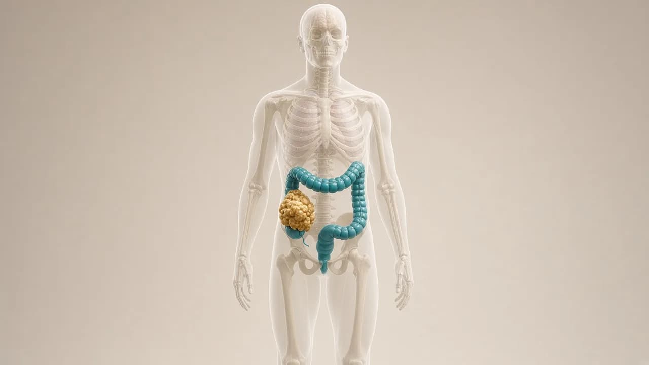 Transparent adult body with a teal colon and a gold tumour used to explain biomarker-directed colon cancer targeted therapy