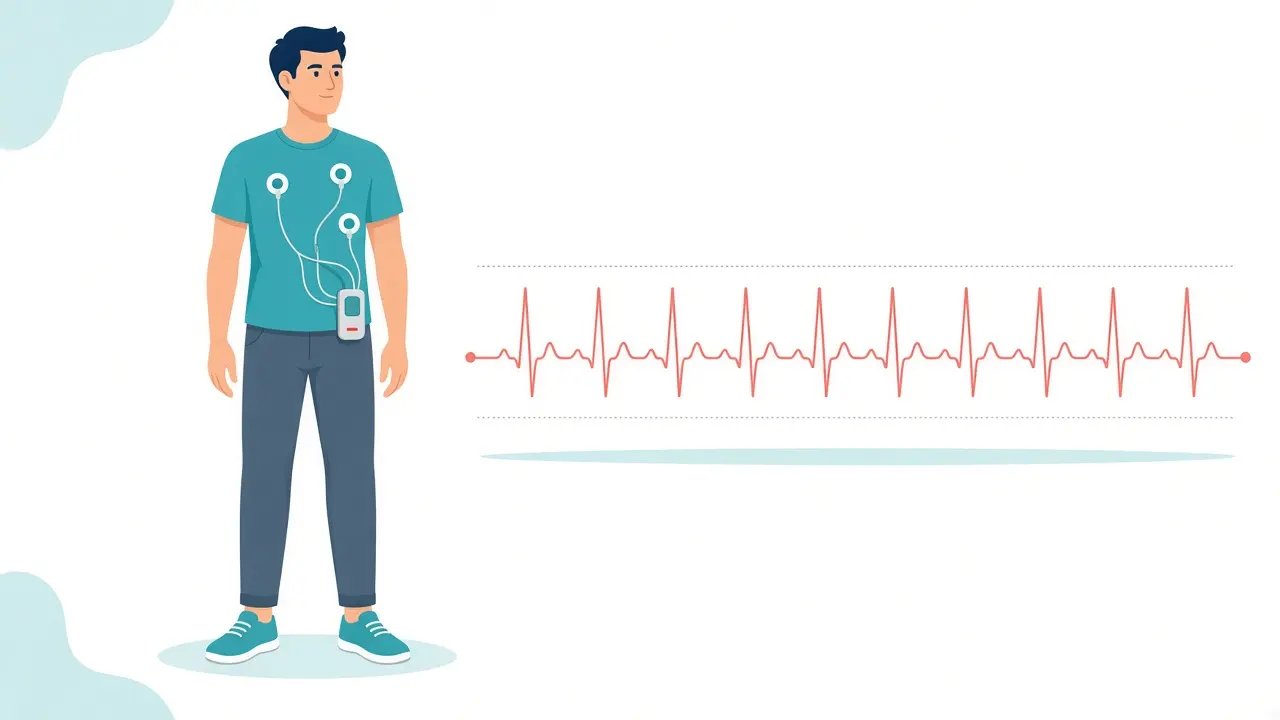 Chest electrodes and a small recorder worn on the shirt, beside a regular rhythm strip