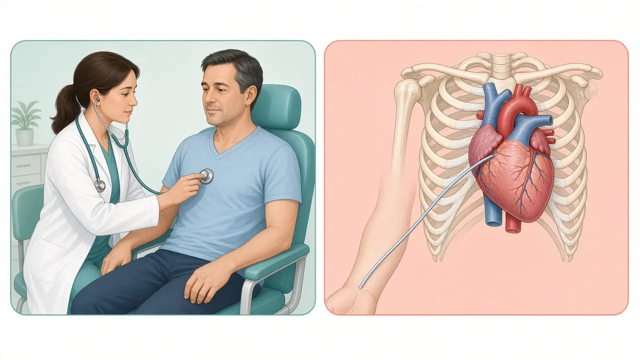 A stethoscope examination beside a catheter from the arm to the heart