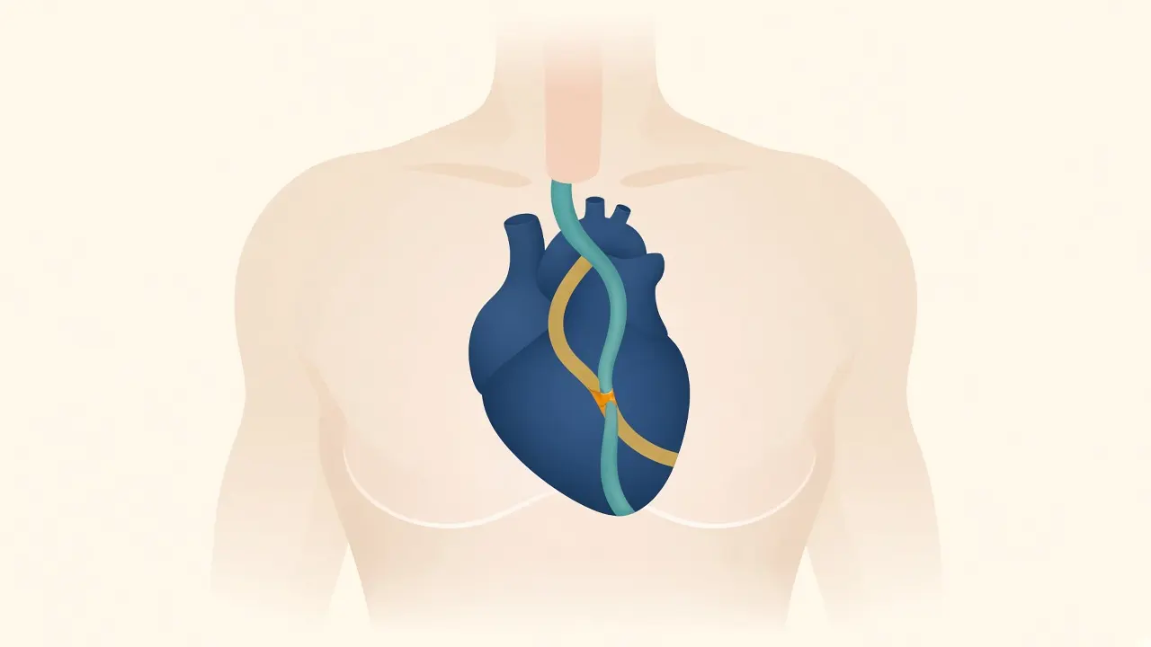 A simplified heart with a graft vessel running past a narrowed coronary artery