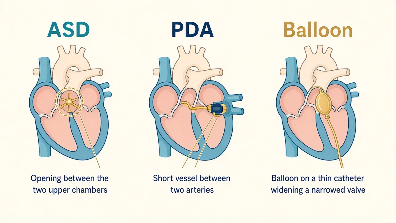 Three heart diagrams labeled ASD, PDA and Balloon, showing a device between the upper chambers, a plug in a short vessel, and a balloon widening a valve