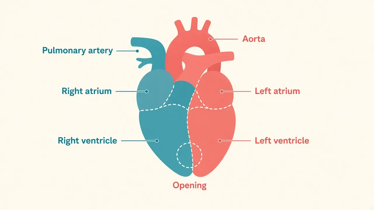 Diagram of a four-chamber heart labeled right atrium, left atrium, right ventricle, left ventricle, aorta and pulmonary artery, with an opening marked between the lower chambers