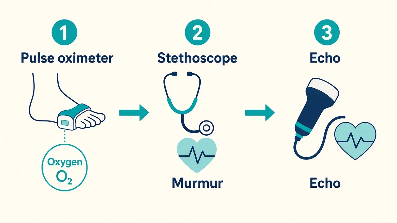 Three steps labeled pulse oximeter on a foot outline, stethoscope for a murmur, and an ultrasound probe beside a heart