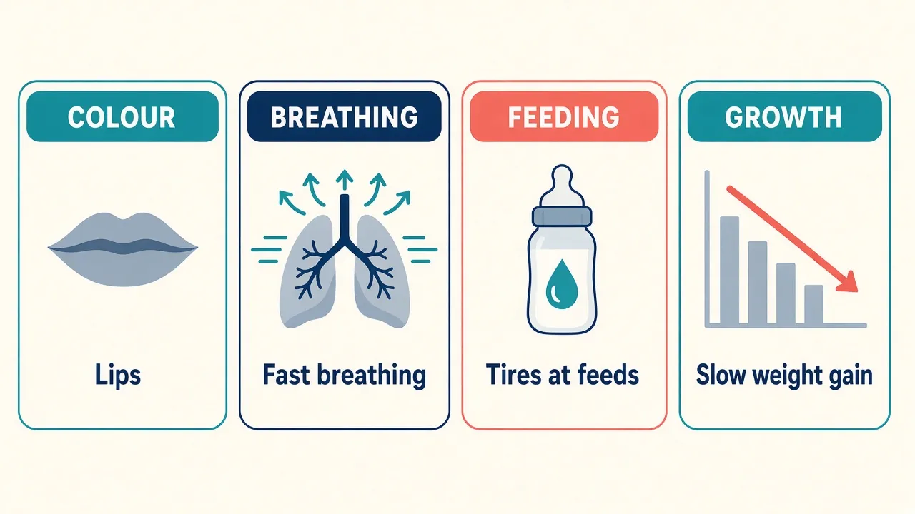 Four cards labeled Colour, Breathing, Feeding and Growth, showing lips, lungs, a bottle and a falling growth chart