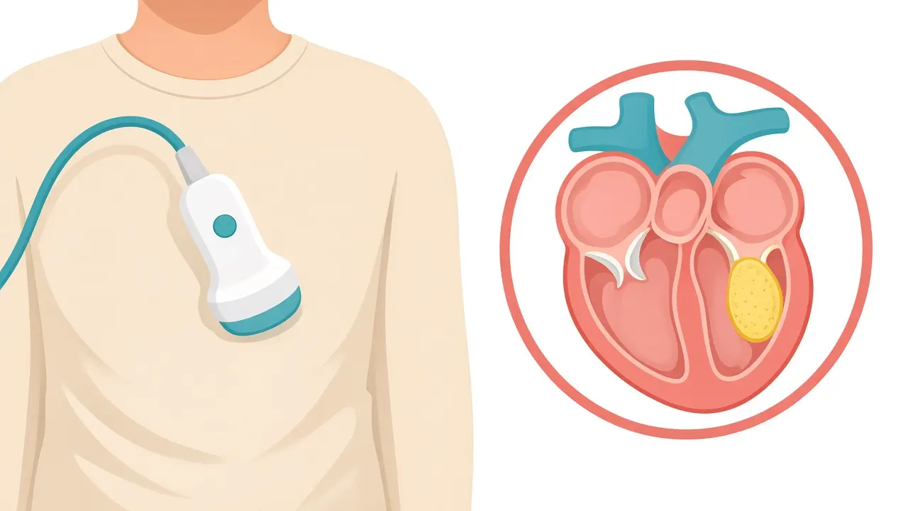 An ultrasound probe on a shirt beside a circular teaching view of the heart with a yellow area in one chamber