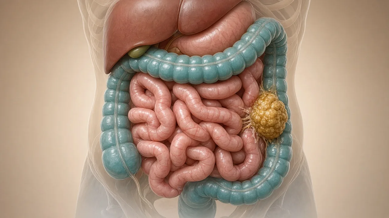 Transparent adult abdomen showing a gold colon tumour invading an adjacent bowel loop used to explain T4b Stage 2 disease