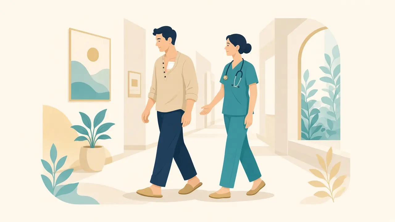 A patient with a small upper-chest dressing walking in a hospital corridor beside a clinician