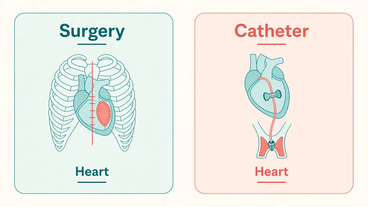 Two panels comparing surgical access through the chest with a catheter from a groin vessel to a device in the heart
