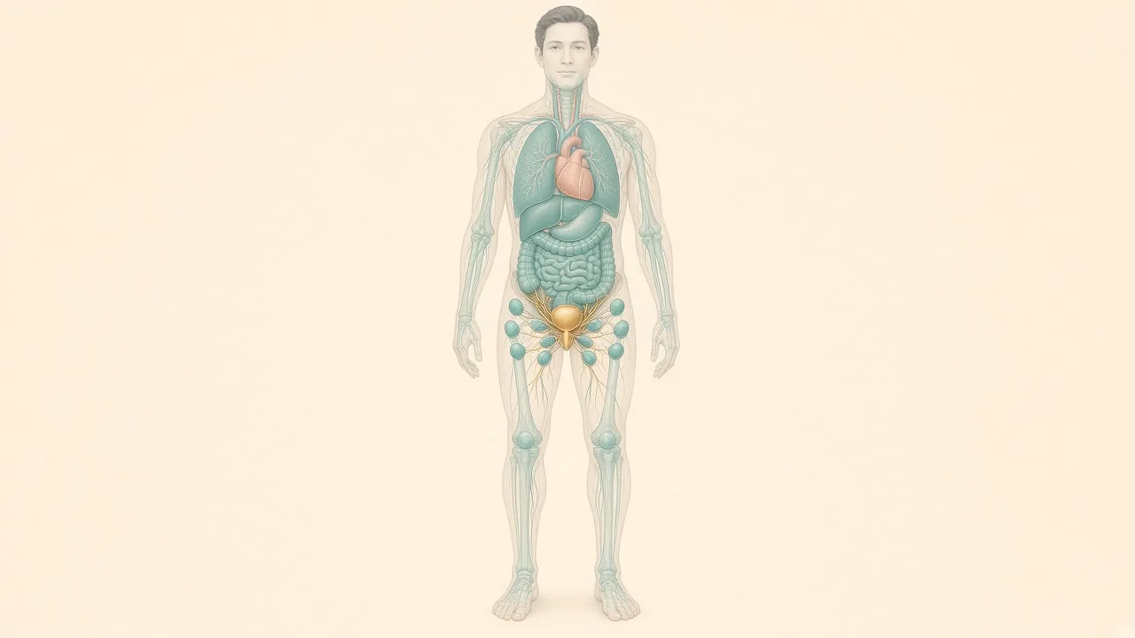 Transparent male body with a gold highlight on an intact prostate in the pelvis and teal pelvic lymph nodes