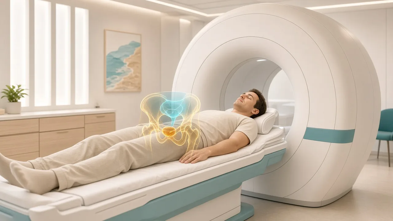 Male patient on an MRI couch with a gold pelvic overlay highlighting the prostate during diagnostic imaging