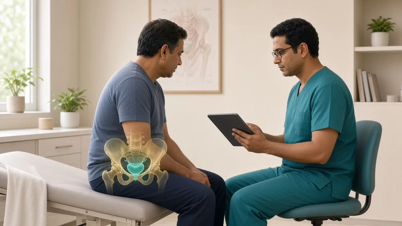 Male patient in clinic with a gold pelvic overlay while a clinician reviews PSA results on a tablet