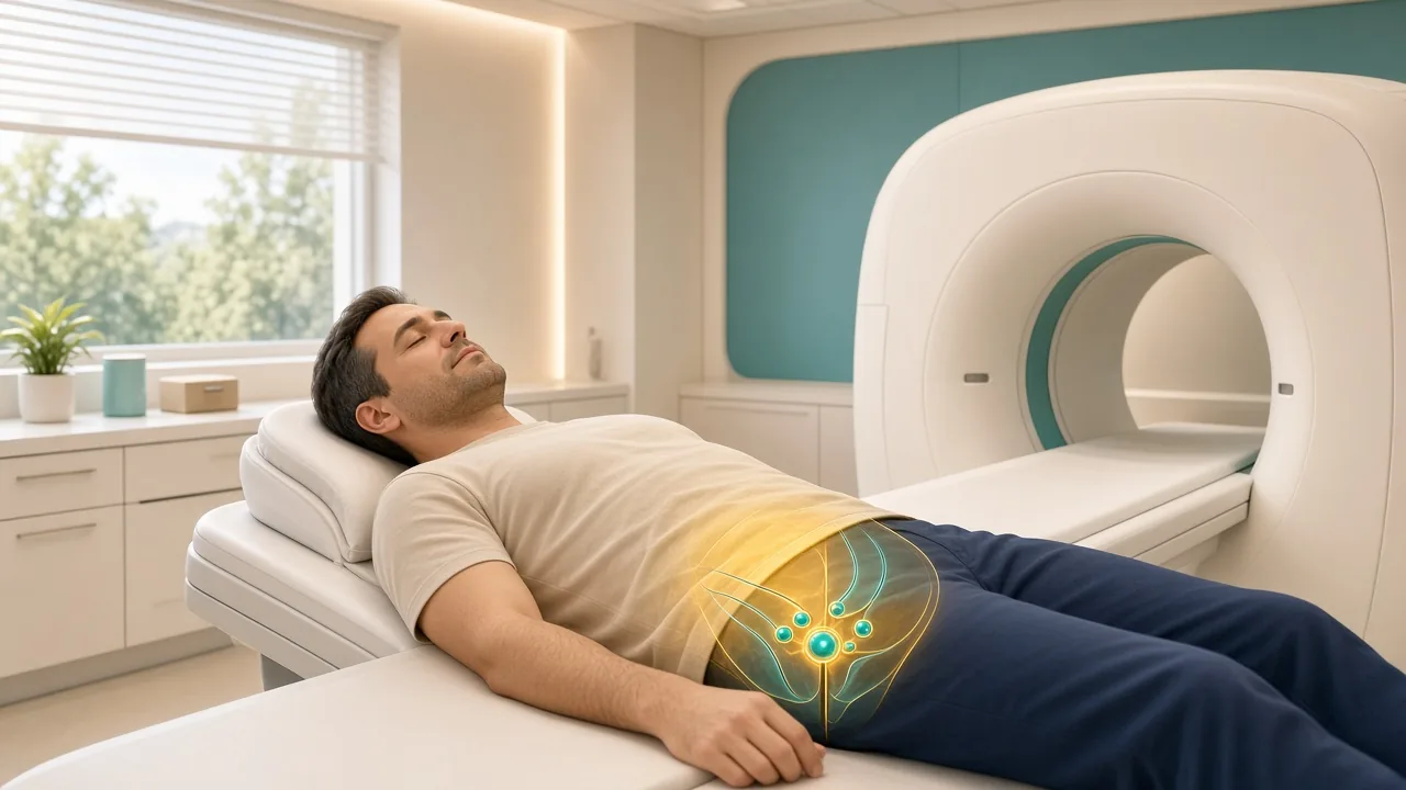 Male patient on a PET imaging couch with a gold pelvic overlay used to explain PSMA PET/CT staging