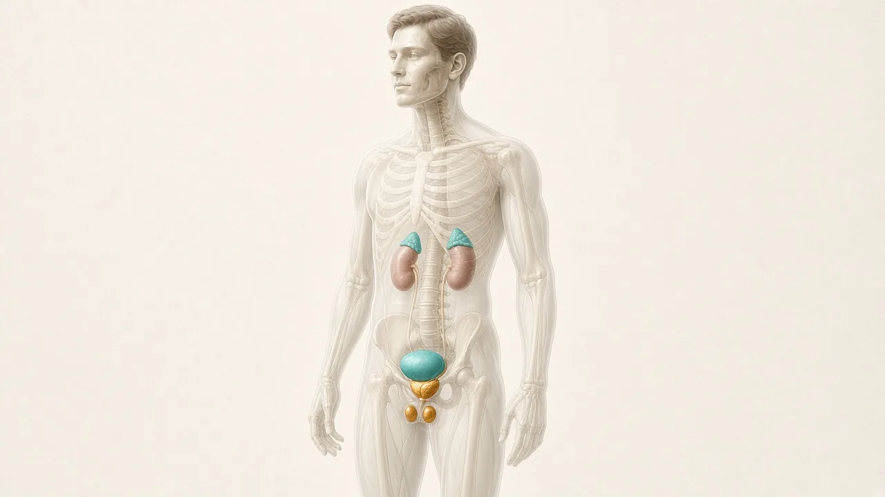 Transparent male body with teal adrenal glands, teal bladder, gold prostate and modest gold testicular overlay used to explain androgen deprivation