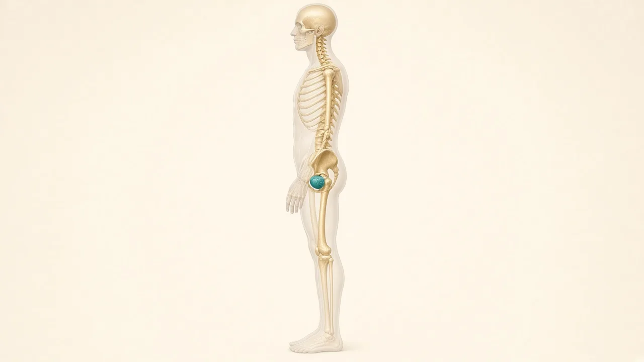 Transparent male skeleton with a teal prostate in the pelvis used to explain bone health during long-term ADT