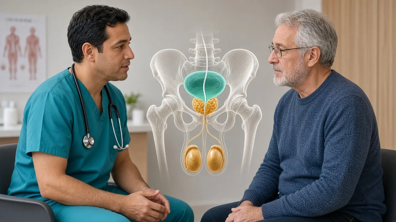 Male patient in clinic with a gold prostate and testicular overlay while a clinician explains androgen deprivation therapy
