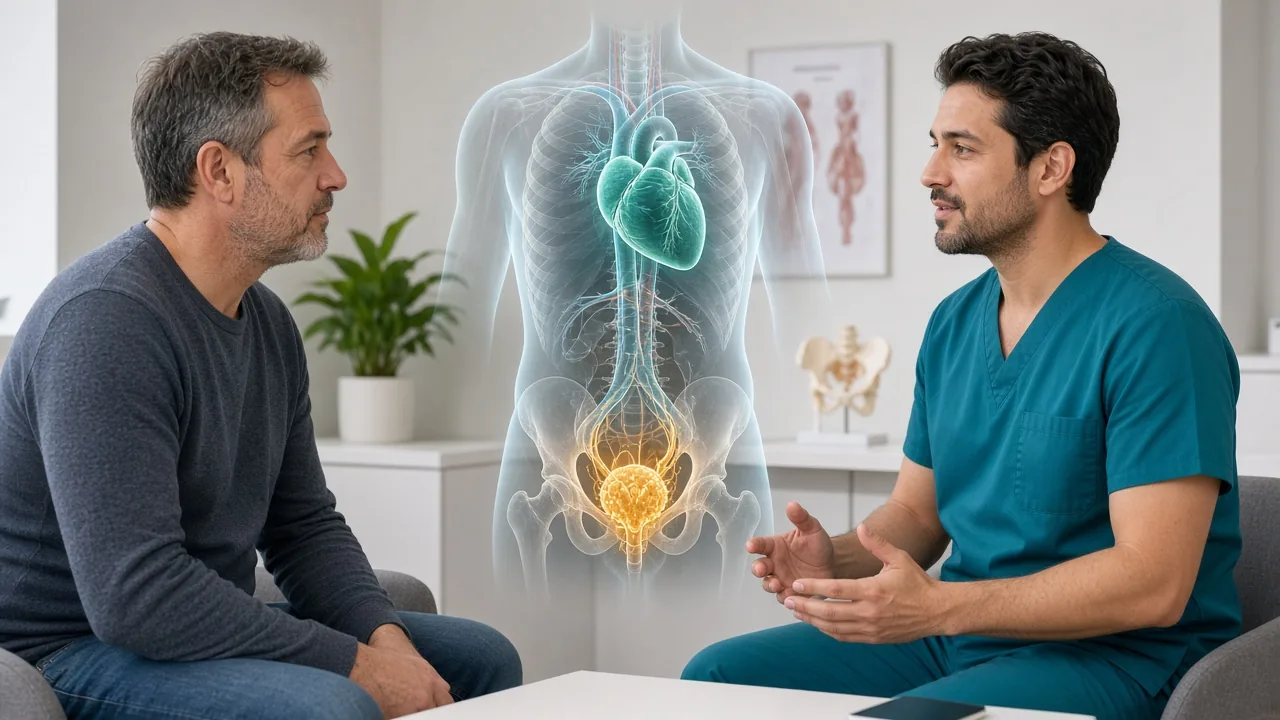 Male patient in clinic with a teal heart overlay and gold prostate while a clinician discusses cardiovascular monitoring on ADT