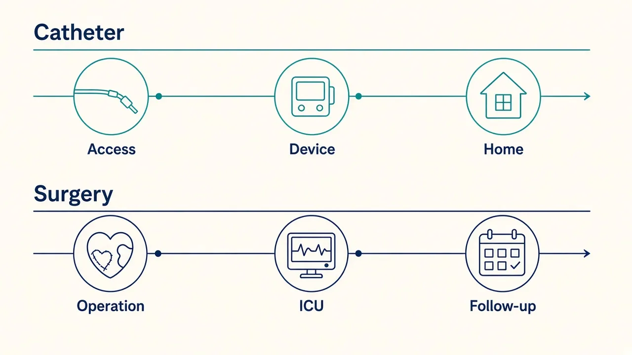 Two timelines: catheter steps labeled Access, Device and Home, and surgery steps labeled Operation, ICU and Follow-up