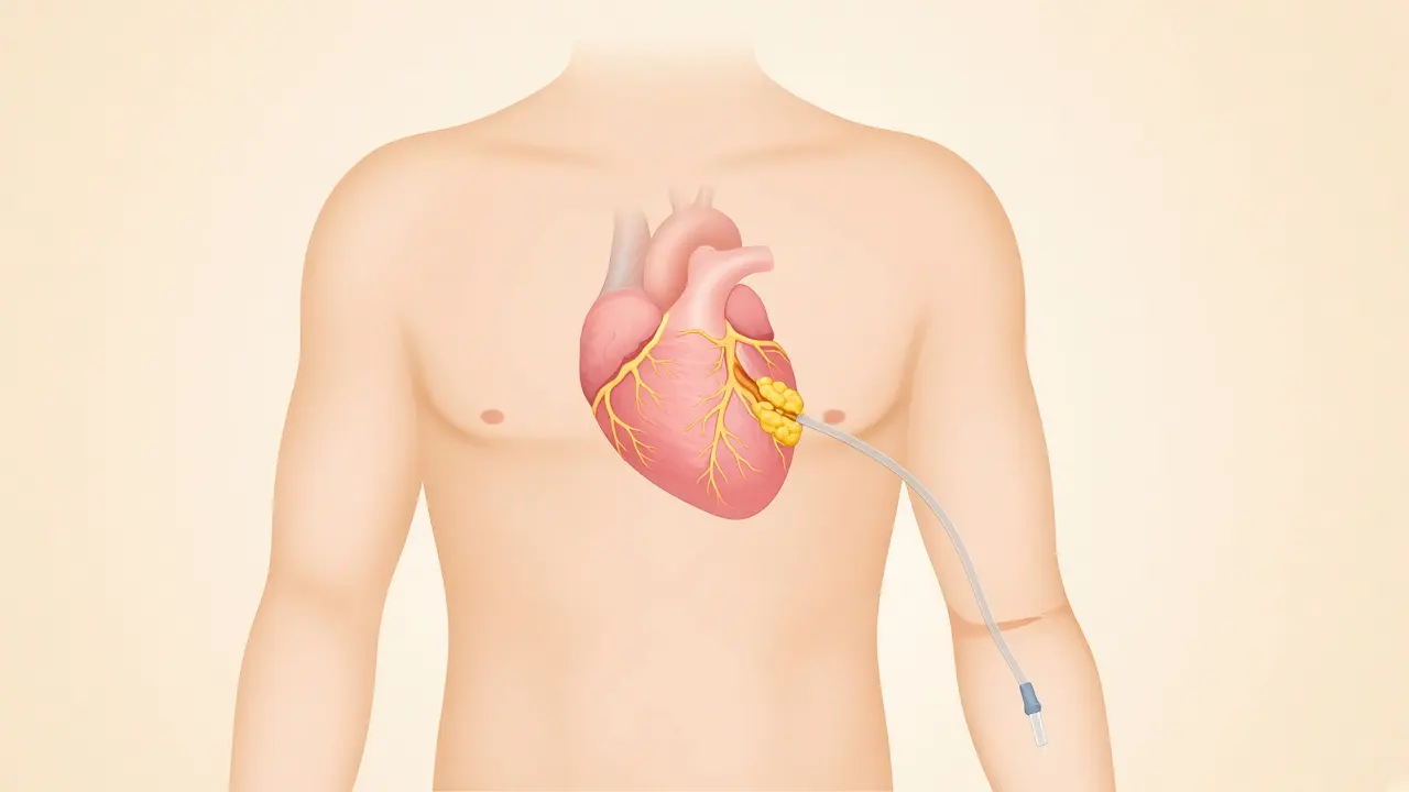 A catheter from the arm to yellow plaque on a coronary artery