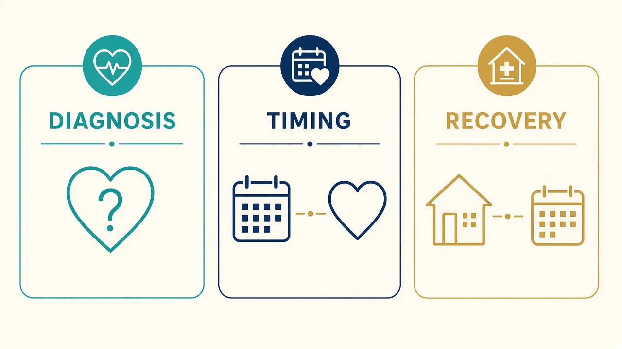 Educational illustration of diagnosis, timing and recovery questions for a congenital heart review