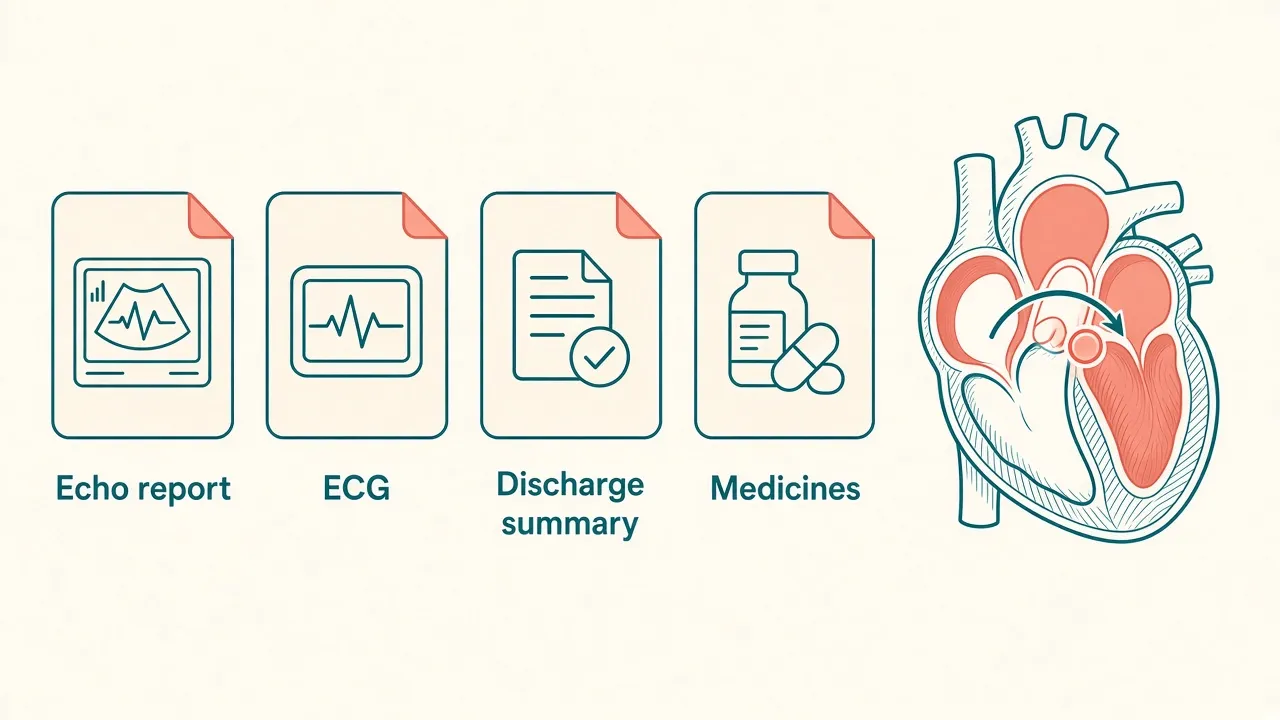 Educational illustration of an echo report, ECG, discharge summary, medicine list and a heart diagram