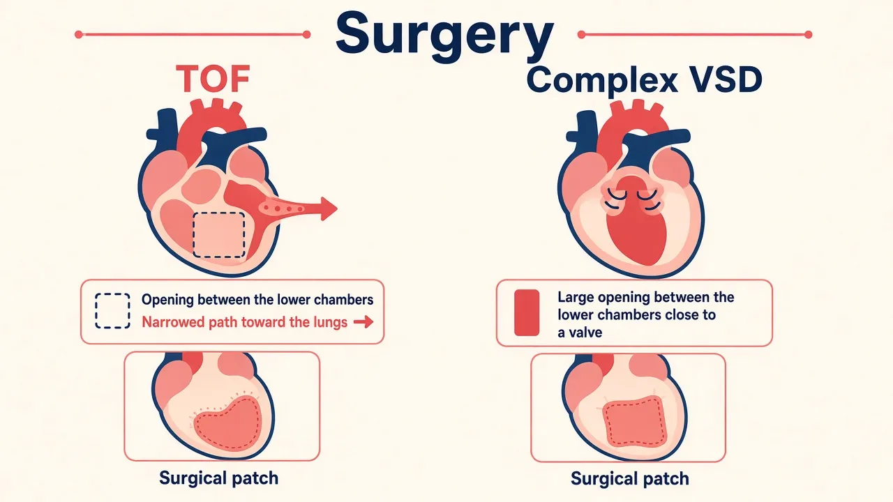 Diagrams of tetralogy of Fallot and a complex ventricular septal defect, each with a surgical patch