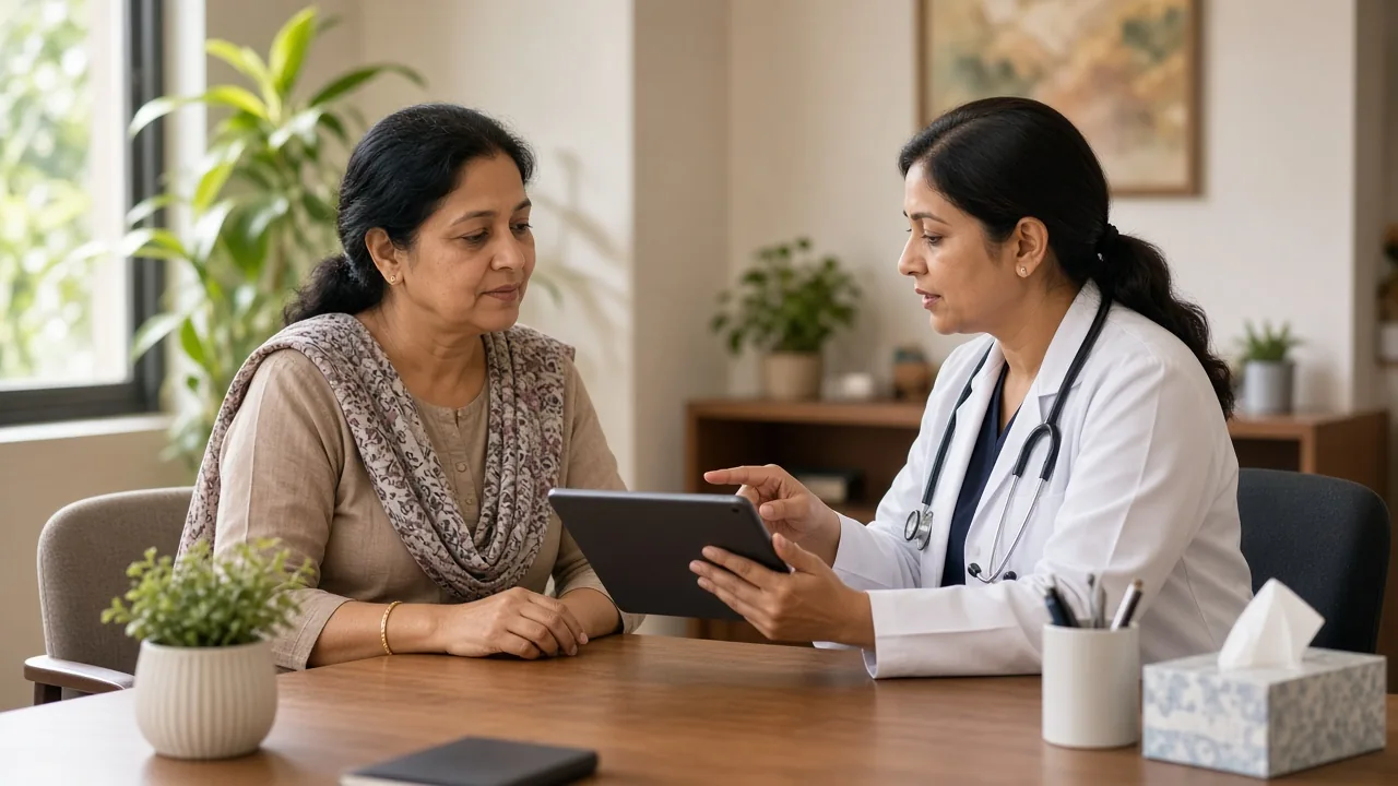 International patient reviewing targeted-therapy records and recovery plan with an oncologist in India
