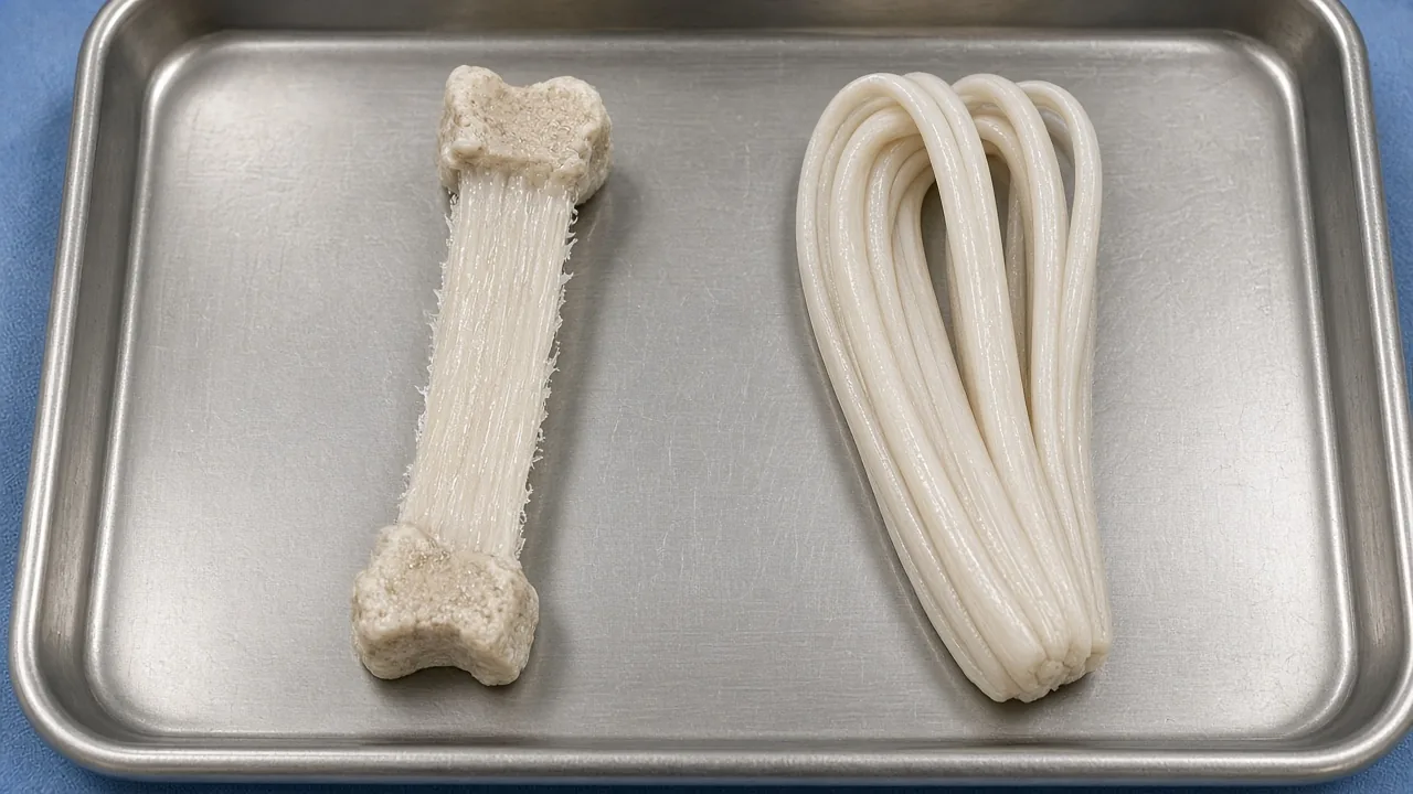 Bone–patellar-tendon–bone autograft with bone plugs beside a folded hamstring tendon graft on a sterile surgical tray